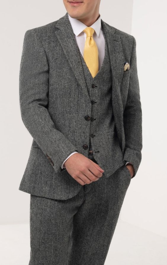 Mordrin verraden Direct Harris Tweed grijs kostuum met visgraat patroon | Dobell
